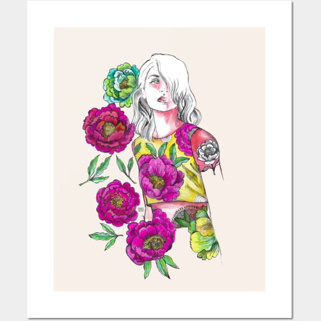 Woman With White Hair - Fashion Illustration with Pink Flowers. Wall Art by FanitsaArt